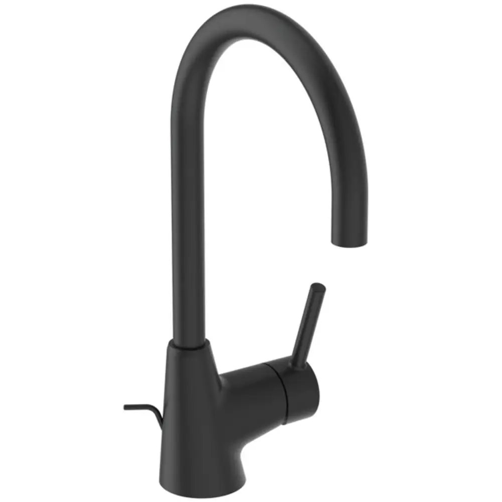 Schwarz mattierte Armatur von Ideal Standard mit hohem Auslauf und seitlicher Griffbedienung. Modernes Design für Küchenumgebungen.